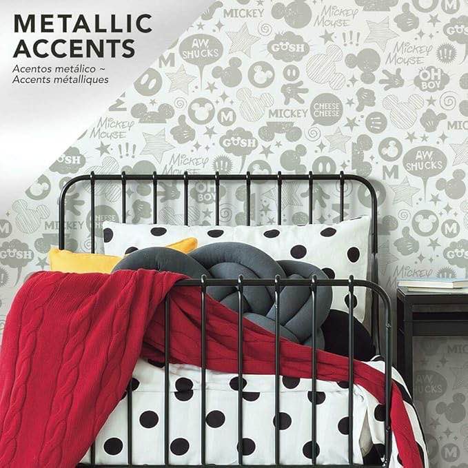 RoomMates RMK11152WP Metallic Silver Mickey Mouse Icons Peel and Stick Wallpaper, Grey/White Mickey Mouse Icons Grey/White