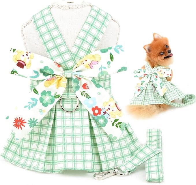SMALLLEE_LUCKY_STORE Dog Plaid Harness Dress and Leash Set,Floral Bow Puppy Princess Dress for Small Medium Dog Cat Girls Adjustable Pet Skirt with D-Ring Female Dog Clothes Summer Apparel,Green,L