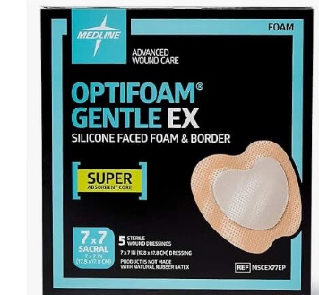 Medline Optifoam Gentle EX Bordered Foam Adhesive Dressing, 7" x 7" Sacral (5 Count)