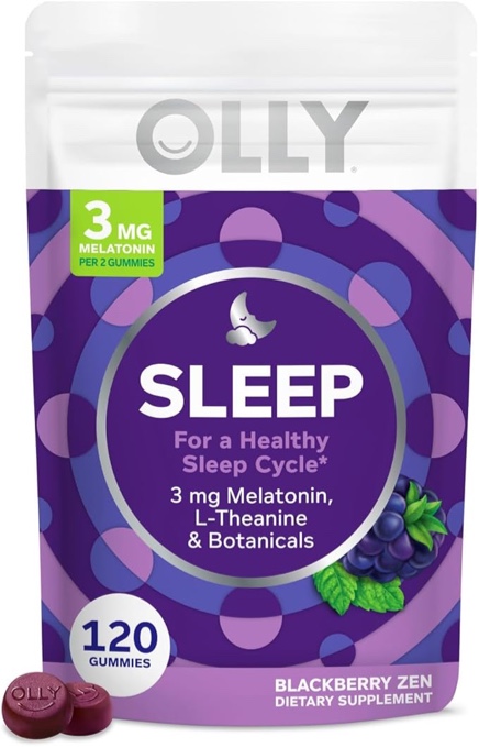 OLLY Sleep Gummy, Occasional Sleep Support, 3 mg Melatonin, L-Theanine, Chamomile, Lemon Balm, Sleep Aid, BlackBerry, 120 Count (EXP 04/25)