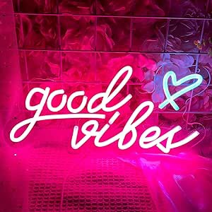 Good Vibes Neon Signs for Wall Decor, Pink Neon Lights Sign with Heart, LED Neon Light for Bedroom Dorm Girl Room Studio Party - 16 x 8 inch