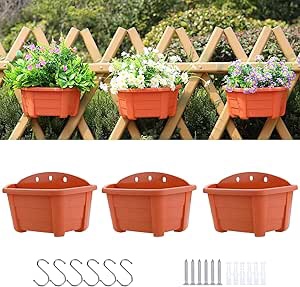 3 Wall Hanging Planters for Railing, Plants & Flowers Plastic Pots Baskets for Balcony Fence Garden Outdoor Indoor (Terracotta red Color), 9.84”