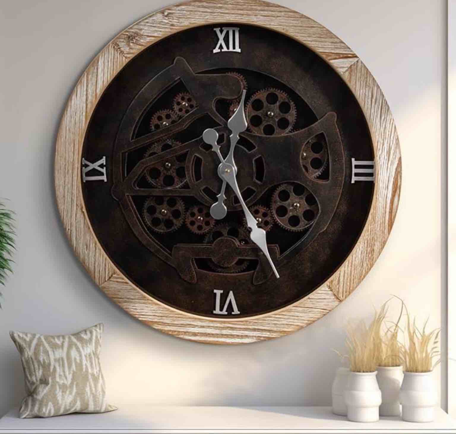 ZBJZJM 30” Large Wall Clocks with Moving Gears for Living Room Decor Decorative Wood Big Oversize Farmhouse Steampunk Silent Vintage Rustic Industrial for Home Office,HD Tempered Glass, White 24inch