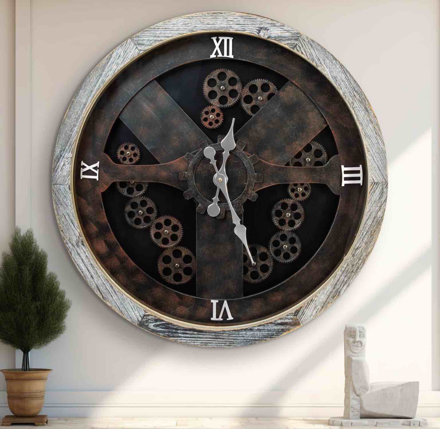 30” Large Wall Clocks with Moving Gears for Living Room Decor Decorative Wood Big Oversize Farmhouse Steampunk Silent Vintage Rustic Industrial for Home Office,HD Tempered Glass,Brown……((( similar to stock))
