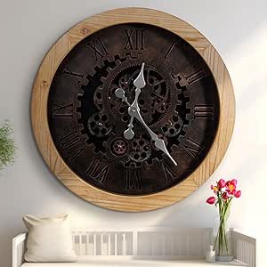 24" Large Wall Clock with Moving Gears for Living Room Decor Decorative Wood Big Oversize Farmhouse Steampunk Silent Vintage Rustic Industrial clcoks for Home Office,HD Tempered Glass,Brown ((( similar to stock)))