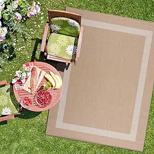 CAMILSON Outdoor Rug - Modern Area Rugs for Indoor and Outdoor patios, Kitchen and Hallway mats - Washable Outside Carpet (5x7, Medallion - Beige/White)