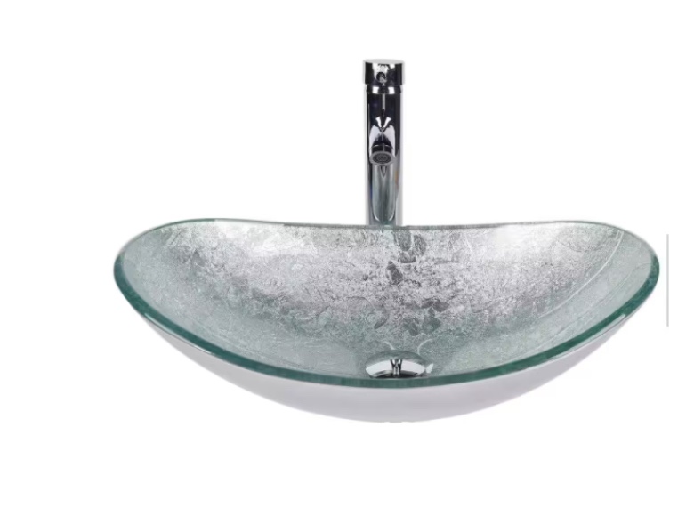 21 in . Bathroom Sink in Silver Multi-Colored Glass Oval Vessel Sink with Faucet Pop Up Drain Set( incomplete sink glass only)