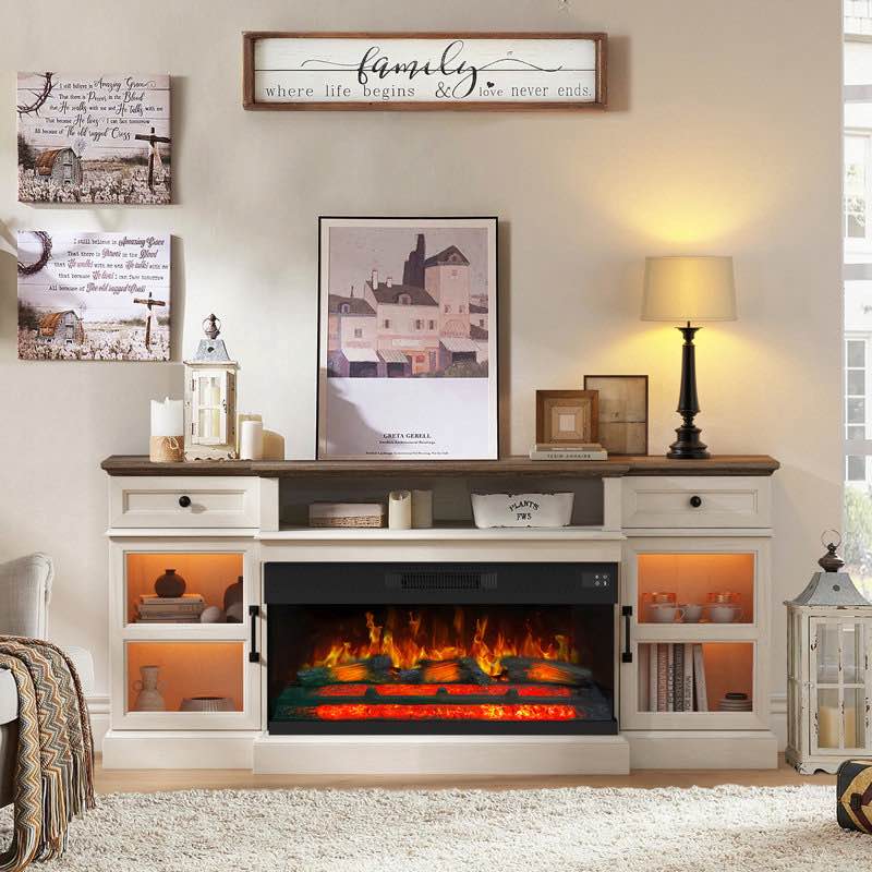 Farmhouse Ashar For Tvs Up To 80 Inch, 70" Entertainment Center With 36 Inch 3-sided Electric Fireplace( incomplete fireplace only)