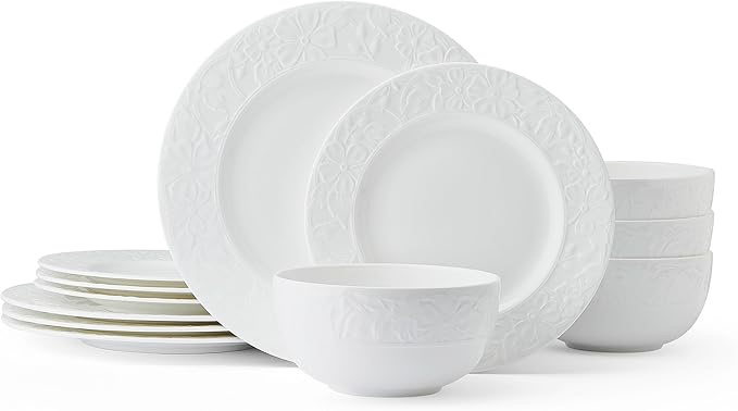 Mikasa Claire Floral Bone China - Juego de vajilla ligera de 12 piezas resistente a las astillas, servicio para 4, color blanco