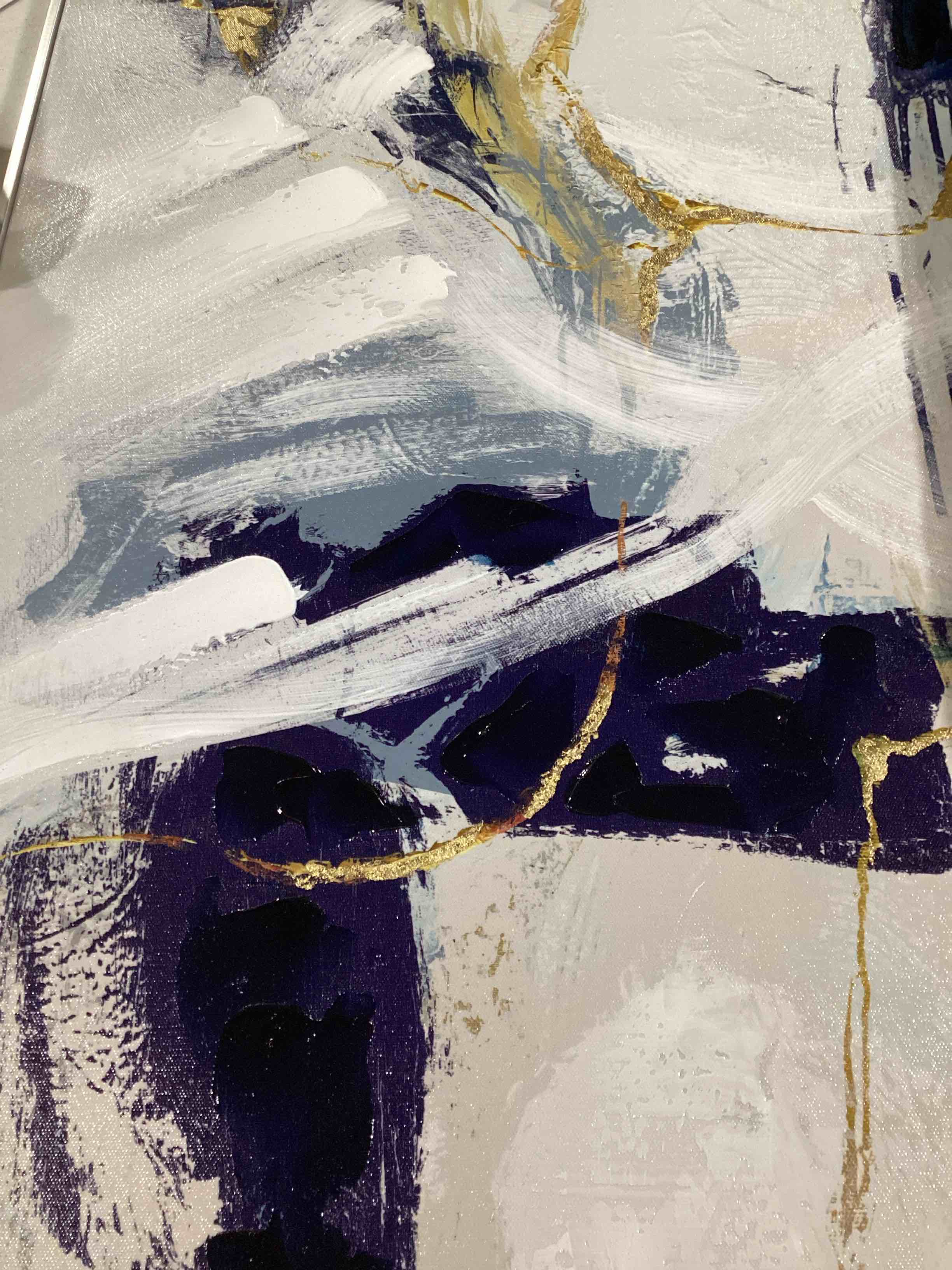 Blue Abstract Wall Art with Gold-foil - Navy Blue and Gold Graffiti on light background Canvas artwork Decor with hand texture for Living room, Bedroom, office?Framed, Ready to hang