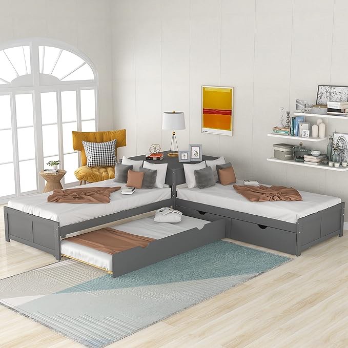 Base de cama individual en forma de L con nido y 2 cajones de almacenamiento, marco de cama esquinero de madera individual vinculado con mesa integrada para niños, niñas, adolescentes y adultos, no ( Box 1 of 2 / incomplete)