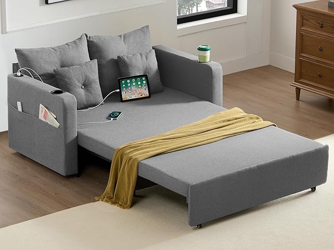 Sofá cama 3 en 1, sofá cama convertible de 56 pulgadas, sofá cama extraíble con bolsillos de almacenamiento, portavasos y USB, sofá cama para sala de estar, dormitorio, apartamento, otro color (incomplete)