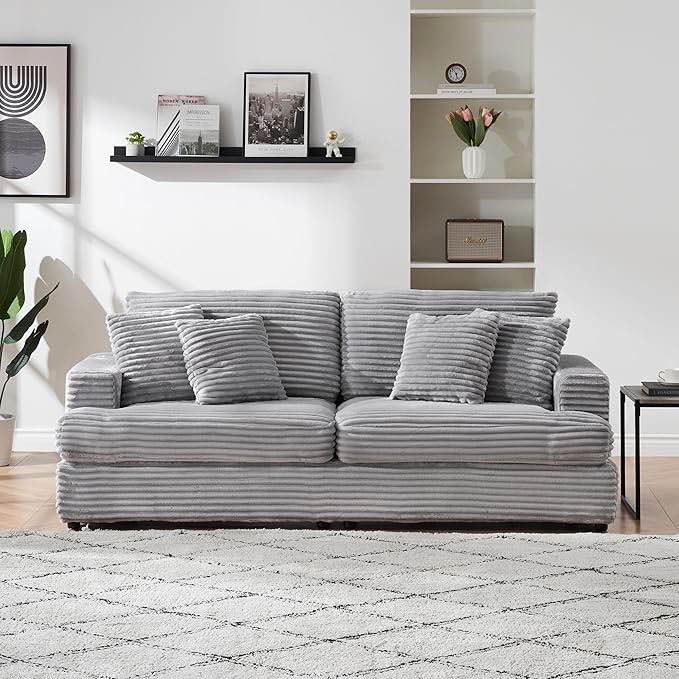 Siutco?79.3nch Corduroy Sofa with 4 Matching Toss Pillows Sleek Design Spacious and Comfortable 3 Seater Couch for Modern Living Room(Gray)( incomplete)