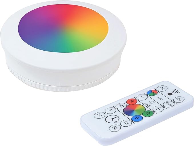 Luz LED de disco de 3.5 pulgadas, funciona con pilas, color blanco, RGB y blanco de 400 K, magntica, toque encendido/apagado, temporizador automtico con control remoto IR