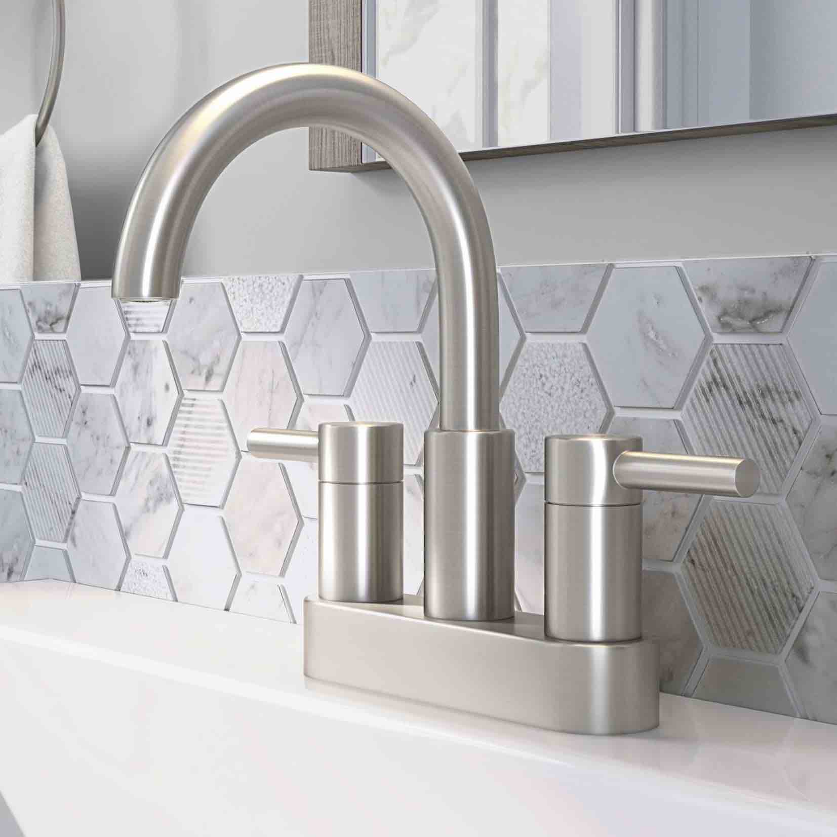 Harlow Brushed Nickel 4-in centerset 2-Handle WaterSense Bathroom Sink Faucet with Drain and Deck Plate | - allen + roth 67692W-6104 allen + roth 67692W-6104