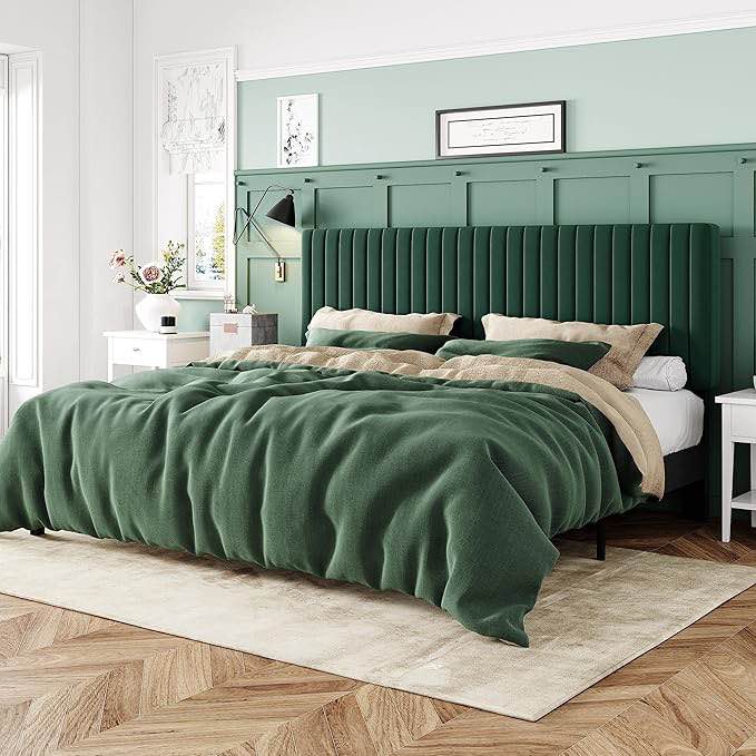 Allewie King Bed Frame, Velvet Upholstered Platform Bed 