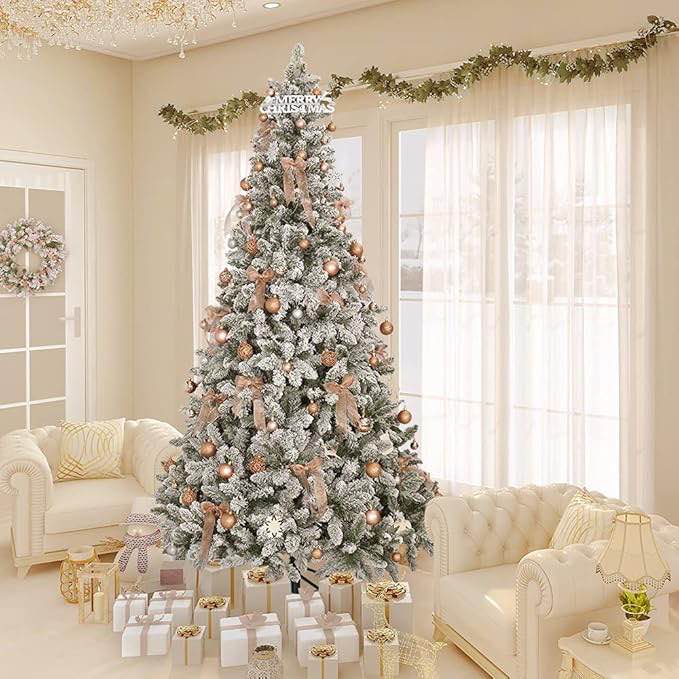 ABBLE 8 FT Snow Flocked Green Spruce Artificial Christmas Tree with 550 LED Lights