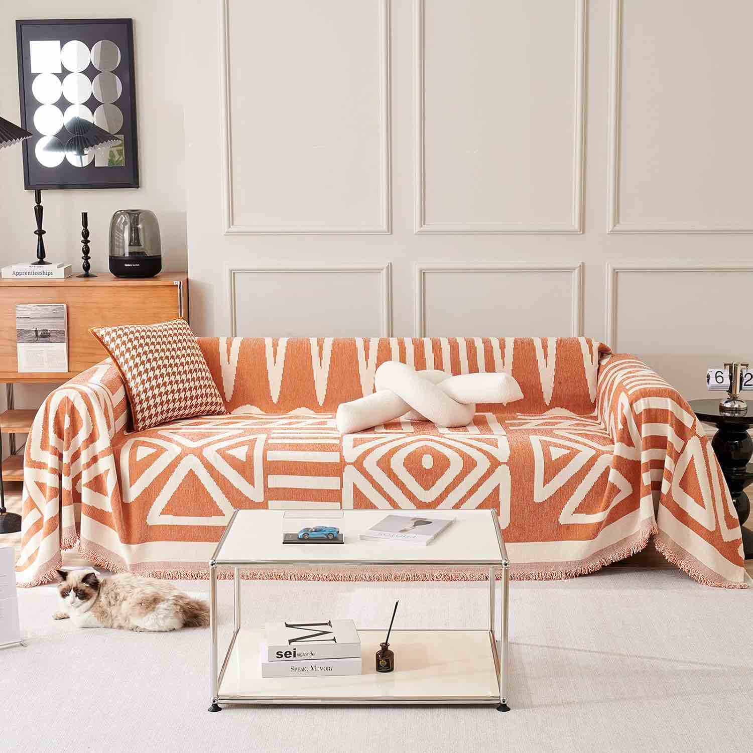 Chenille sofa slipcover orange and white (similar to stock photo)