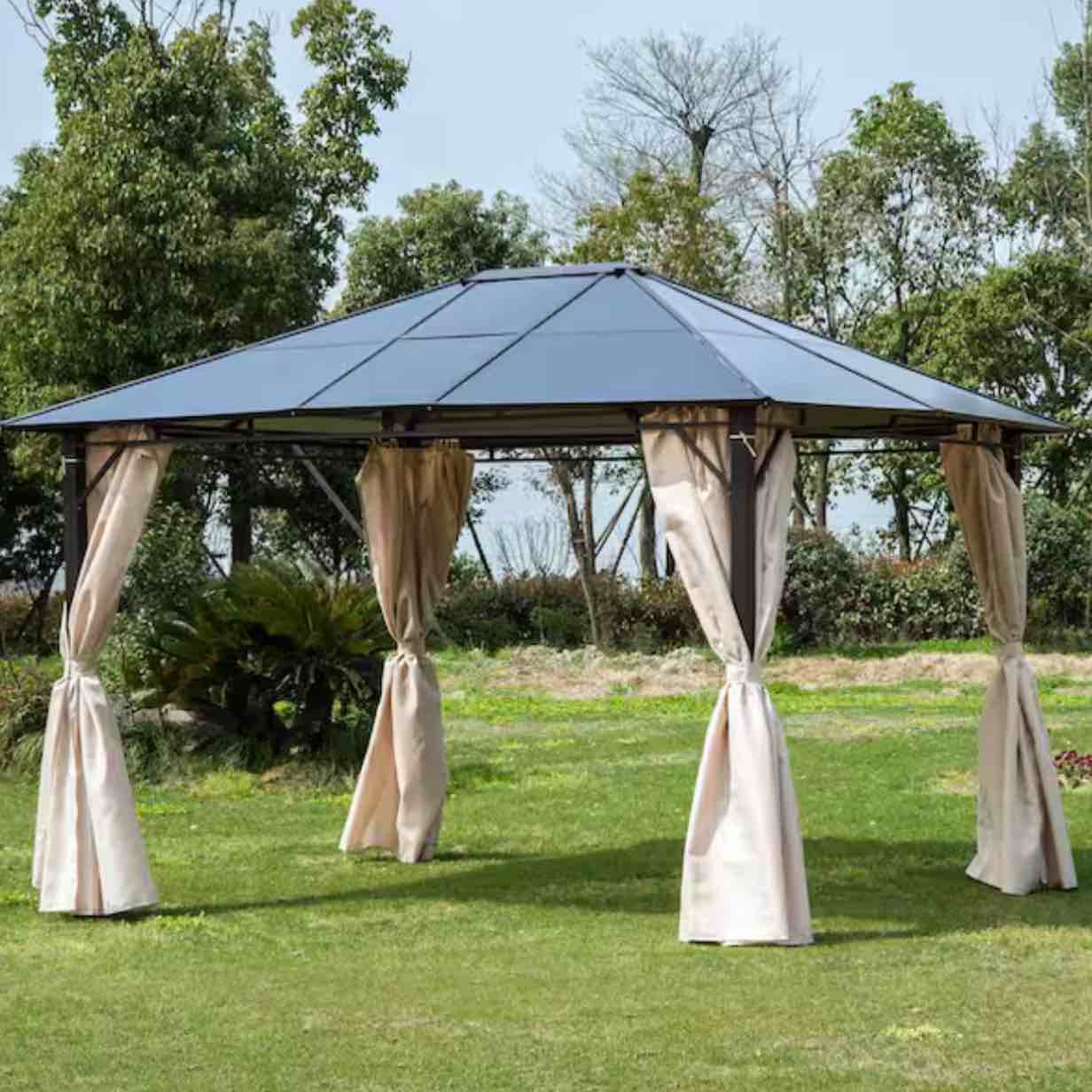 10 ft. x 12 ft. Outdoor Steel Frame Gazebo with Twin-Wall Polycarbonate Hardtop Roof and Removable Curtains *incomplete, box 4/4 only* 