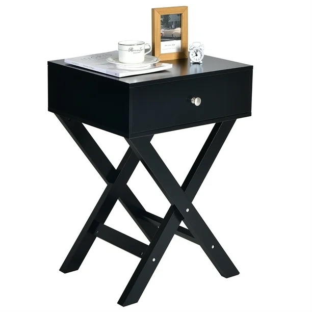 Costway Nightstand with Drawer x Shaped Structure Accent Sofa Side End Table HW66938BK