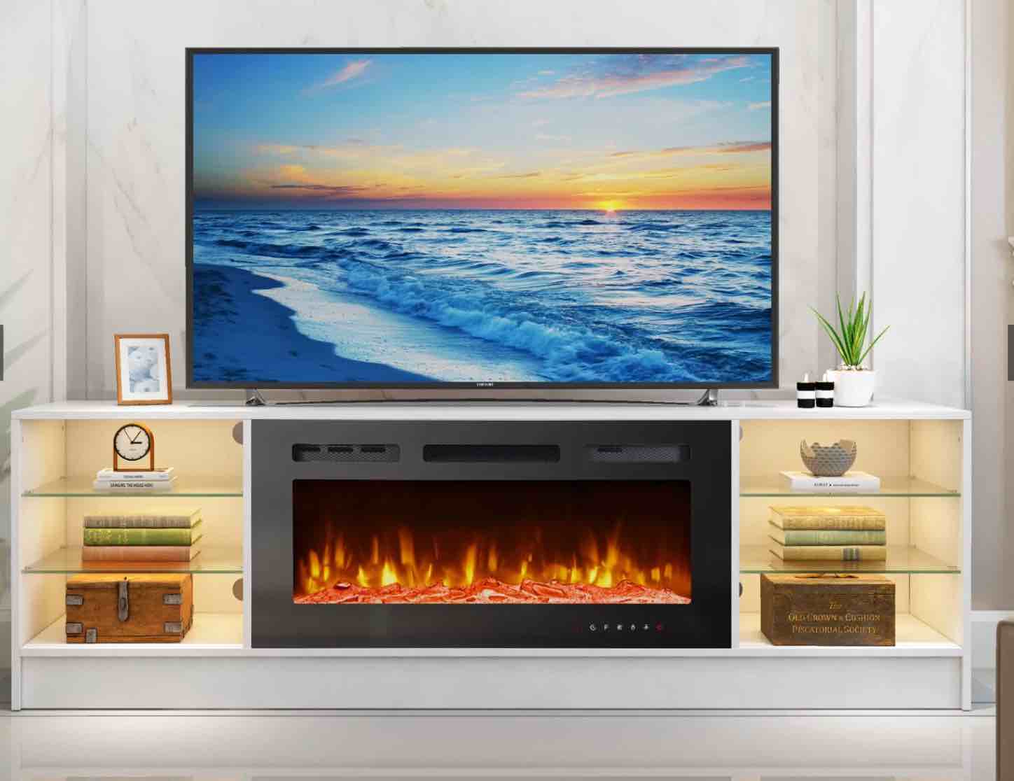 EROMMY 70 Inch TV Stand With Electric Fireplace For TVs Up To 70 Inch White (incomplete, box 2/2 only) (fireplace insert)