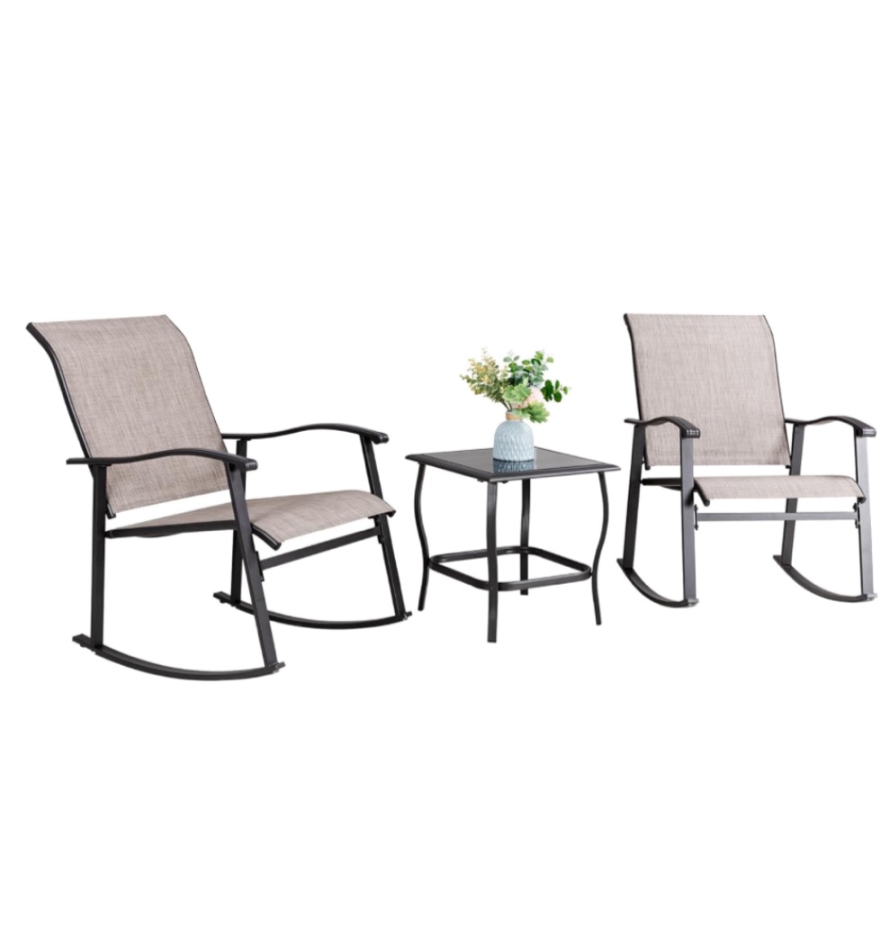 Vongrasig 3 Piece Outdoor Rocking Bistro Set, Textilene Fabric Small Patio Furniture TSL3-GR