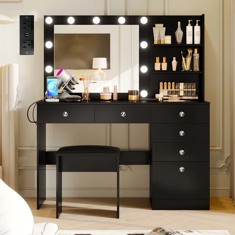 Reyhana Makeup Vanity with Lighted Mirror, Outlets and 6 Drawers *incomplete*