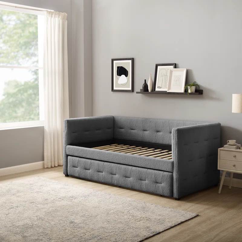 Balynda Tufted Faux Leather / Velvet Upholstered Wooden Daybed with Trundle *incomplete, box 3/3 only*