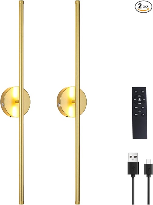 Battery Operated Wall Sconces Set of Two, USB Rechargeable Dimmable LED Wireless Wall Light with Remote Control, 360°Rotate,Timing, Black Wall Light for Living Room/Bedroom/Hallway, 28.3Inch gold