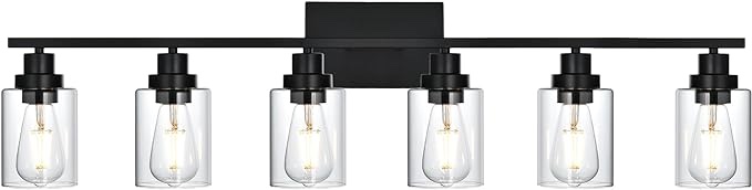 6 Light Bathroom Vanity Light, Bathroom Lighting Fixtures over Mirror, Farmhouse Black Vanity Light For Bathoom, Modern Wall Sconces Light Fixtures with Clear Glass Shades for Bathroom Bedroom (No Shades)