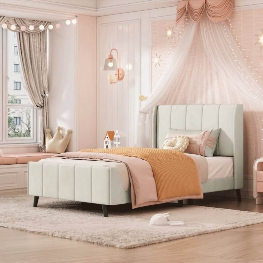 ZNTS Twin Size Upholstered Platform Bed, Velvet, Beige WF308656AAA ( incomplete)