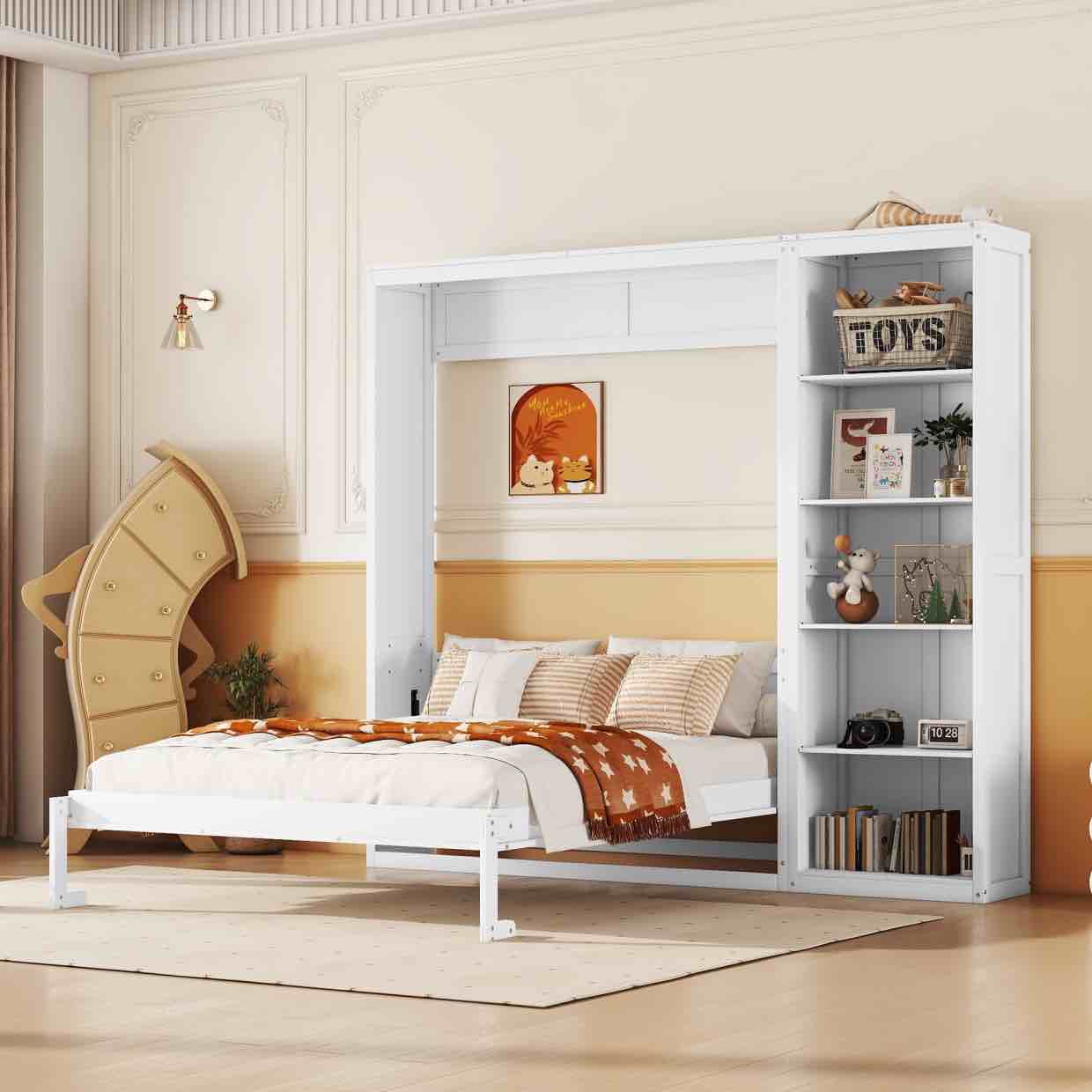 Full Foldable Murphy Bed with Flexible Slats and 5-layer Cabinet, MDF Wall Bed for Living Room, Bedroom and Guests Room, White( incomplete/ Box 3 of 3)