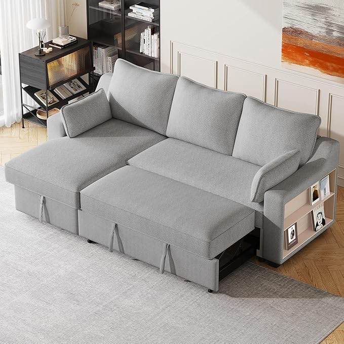 90'' Pull Out Sleeper Sofa Bed with Storage Chaise, Modern L-Shaped Couch Convertible Sofa Couch with Storage Racks & USB Ports, Comfy Sectional Couches for Living Room, Grey Similar 