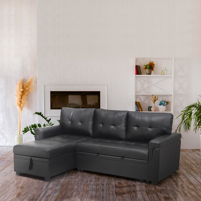 Fane L-Shaped 84" Air Leather Sofa Upholstered Pull Out Leather Couch with Storage chaise ( incomplete)