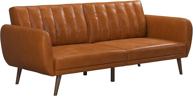 Novogratz Brittany Futon Sofa Bed and Couch Sleeper, Camel Faux Leather