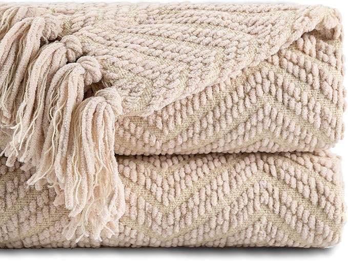 BATTILO HOME Beige Throw Blankets for Couch, Knitted Tan Throw Blanket for Twin Bed, Super Soft Warm Large Throws for Home Decor, 60" x 80"