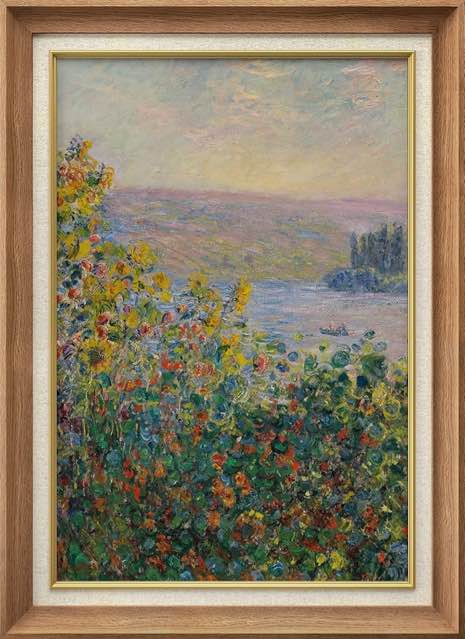SIGNWIN Claude Monet - Arte de pared enmarcado prmium con diseo de camas de flores pastel en V?theuil, ilustraciones histricas clsicas, bellas artes, decorativo, vintage, retro para sala de estar,