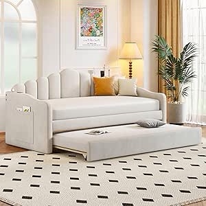 (incomplete)Twin size Upholstered Daybed with Trundle, Velvet Sofa bed with USB Charging Ports and 2 Storage Pockets, Soft Fabric Headboard, No Box Spring Need, for Living Room, Bedroom, Private Theater, Beige