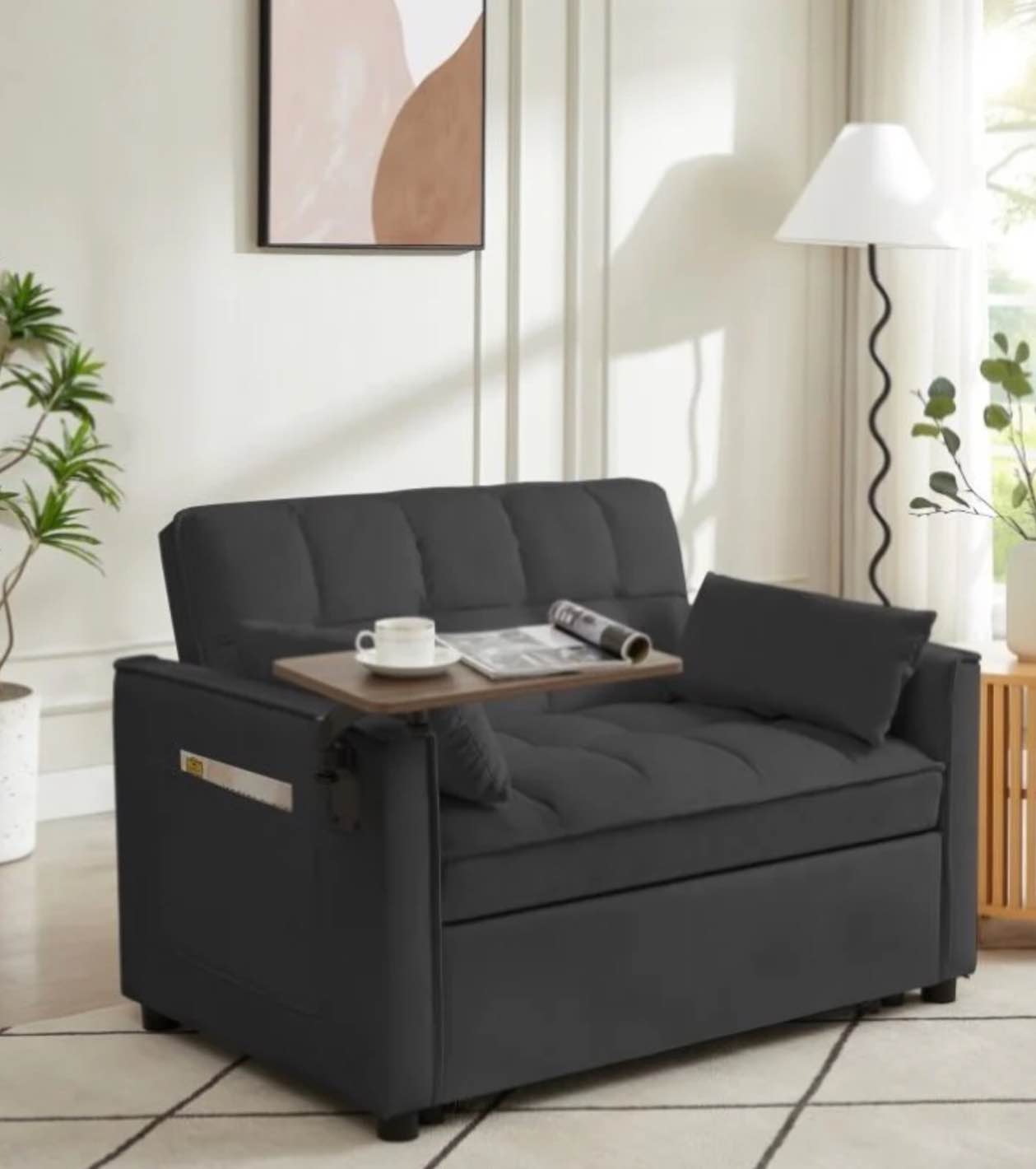 (incomplete)Futon Sofa Bed, Modern Faux Leather Convertible Folding Lounge Couch for Living Room with 2 Cup Holders Removable Soft Armrest and Sturdy Metal Legs, Black