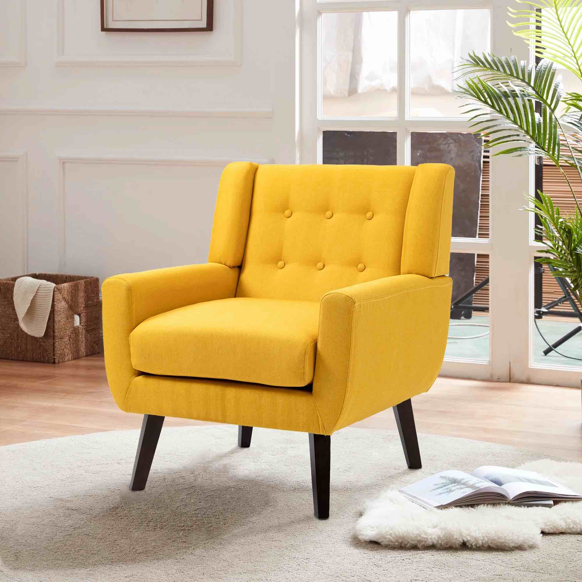 UIXE Midcentury Modern Yellow Accent Armchair, Linen Upholstered