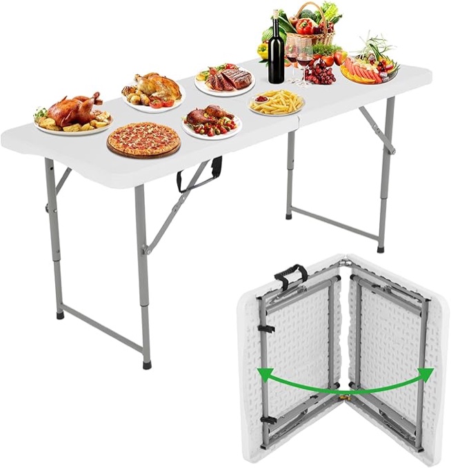 Folding Table, 4 FT Portable Camping Picnic Table, Plastic Folding Table with Handle, Indoor Outdoor Dining Table for Parties, Backyard Events, White