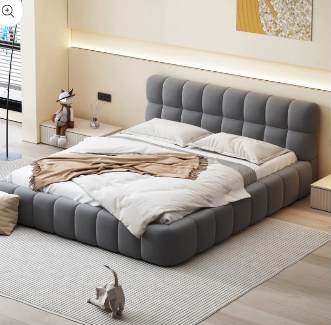 Queen Size Upholstered Platform Bed with Thick Fabric, Grounded Bed with Solid Frame, Gray (incomplete box 1 of 2 only)