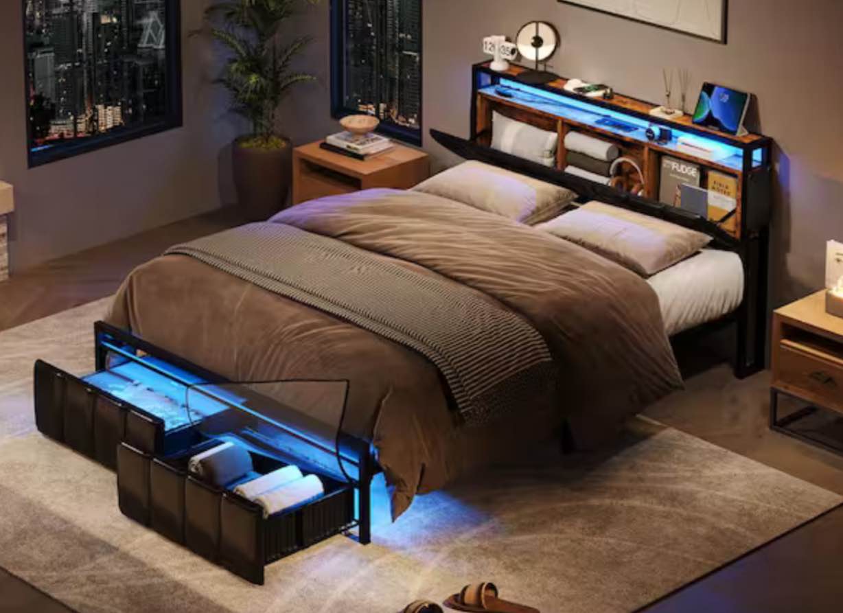 Metal Frame Full Size Platform Bed with Charge Station and Storage Headboard and Drawers Rustic Brown