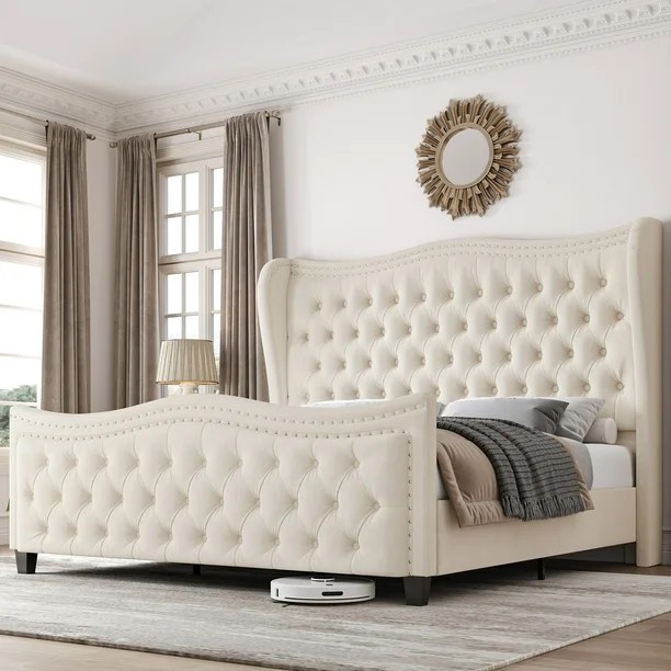 Homfa King Size Upholstered Bed, Modern Velvet Tufted Platform Bed with Wingback Headboard, Beige