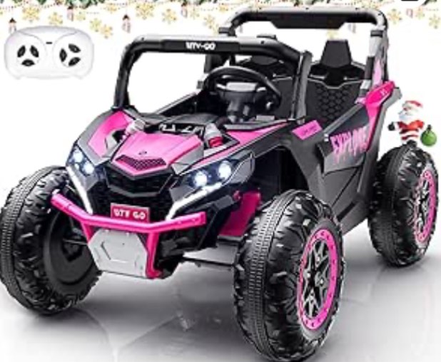 2 Seater Kids Ride on Car, Electric 4WD Off-Road UTV Truck, 7Ah Large Battery Kids Electric Car with Remote Control, Safety Belt, Horn, Music, and Lights for Kids Aged 3-8 Years Pink