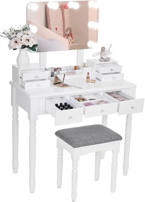 ANWBROAD Makeup Vanity Desk Vanity Set with Lighted Mirror Makeup Vanity Desk Table Set Large 8 LED Bulbs Frameless Mirror 3 Colors Modes Dimming 7 Drawers Cushioned Stool 3 Dividers White UBDT03W