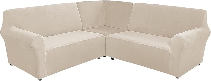 Corner Sofa Covers 5 Seat L-Shaped Sectional Couch Slipcovers 3 Piece Velvet Stretch Soft Washable Furniture Sofa Protector for 5-Seater Corner Sofas (Beige)