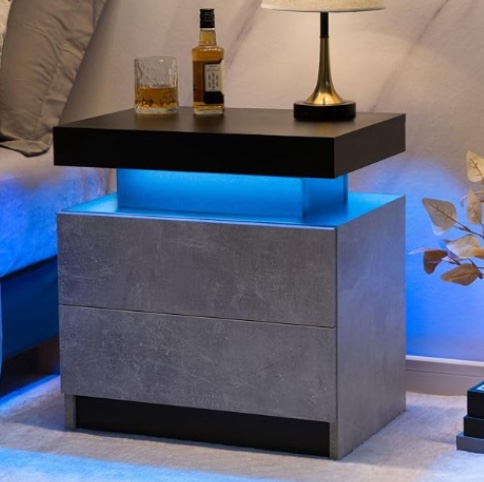 Nightstand LED Bedside Table Cabinet Lights Modern End Side with 2 Drawers for Bedroom (Black), 13D x 19W x 20H in