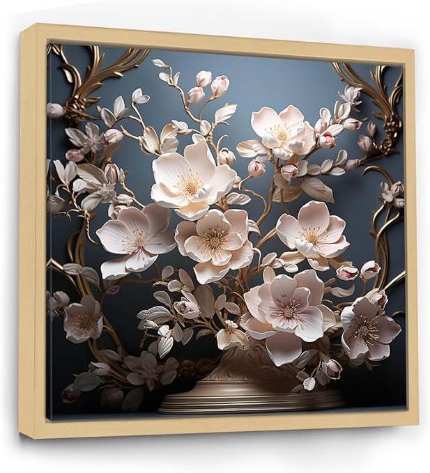 DesignQ Magnolias framed wall art, Gilded Accentuated Magnolias, Magnolias Large framed wall art decor, cream Canvas Brown framed wall art, 36x36 inches