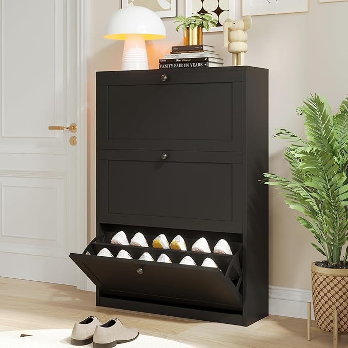 VOWNER Shoe Cabinet with 3 Flip Drawers, Freestanding Shoe Storage Cabinet with Adjustable Shelf & Anti-Tipping Device, Shoe Rack for Entryway, Hallway, Living Room (Black)